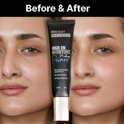 Swiss Beauty Select High On Moisture Makeup Primer | Enriched With Glycerin & Hyaluronic Acid | Protects Against Harsh Blue Light Rays | Intensely Nourishing | 65g
