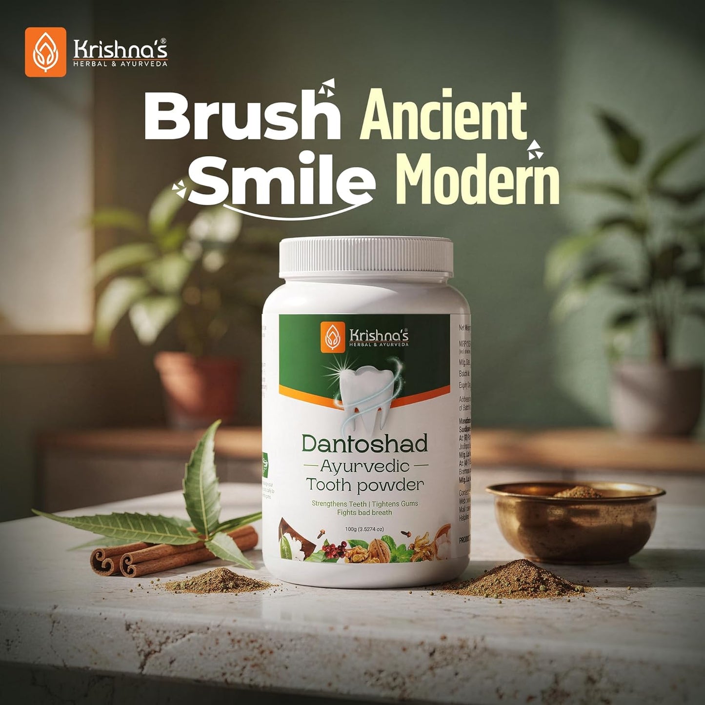 Krishnaâ€™s Dantoshad Ayurvedic Tooth Powder With Goodness of 15 Herbs for Strengthens Teeth, Tightens Gum & Maintain Fresh Breath - 100 gm (Pack of 1)