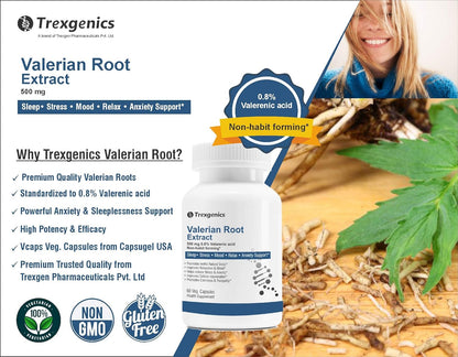 TrexgenicsÂ® VALERIAN Root 500mg Standardized (0.8% Valerenic acid) Sleep, Stress,Mood,Relax, Migraine, Anxiety Support (60 Veg capsules)