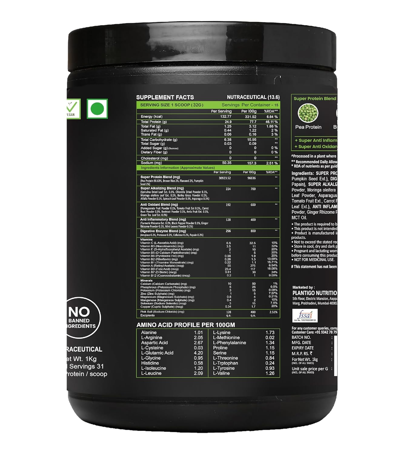Plantigo Plant Protein Powder 500g - Unsweetened, Unflavoured, No added Sugar & Sweetener | Plant Based Pea Protein Powder |25g Protein, BCAA, Fiber - Men & Women Muscle Growth, Cooking, Baking
