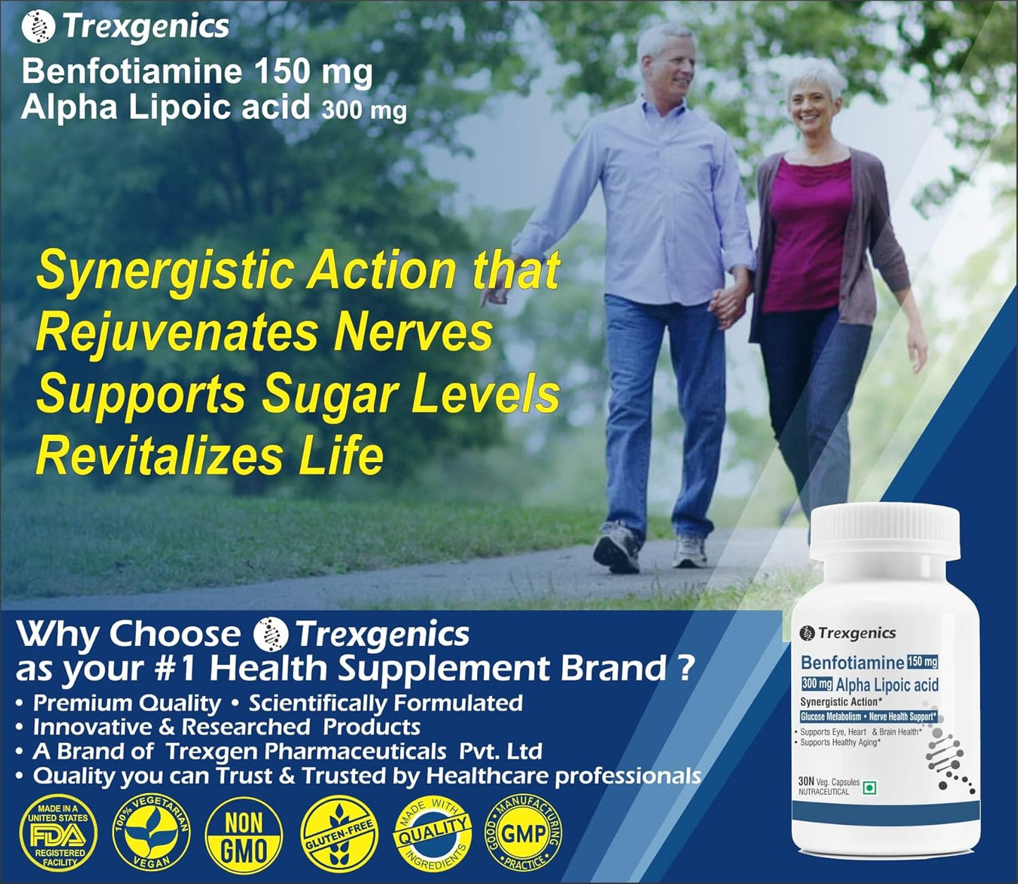 Trexgenics BENFOTIAMINE 150 mg + ALPHA LIPOIC ACID 300 mg +15 mg L-Leucine Glucose Metabolism & Nerve Health VEGAN & NON-GMO (30 Veg. Capsules) (Pack of 1)