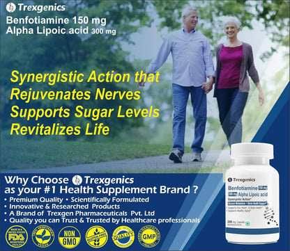 Trexgenics BENFOTIAMINE 150 mg + ALPHA LIPOIC ACID 300 mg +15 mg L-Leucine Glucose Metabolism & Nerve Health VEGAN & NON-GMO (30 Veg. Capsules) (Pack of 1)