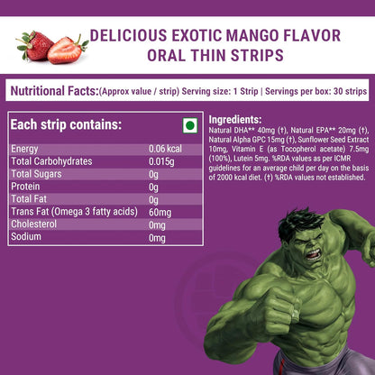 Wellbeing Nutrition Marvel Hulk Melts | Vegan Omega 3 for Kids (6+) Supports Brain Development, Concentration, Eye & Heart Health | Algae Omega 3 EPA DHA | Strawberry Mint Flavor (30 Oral Strips)