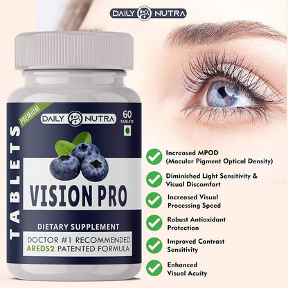 DAILY NUTRA Vision Pro Complete Eye Care Solution With Doctors #1 Recommended AREDS 2 Patented Formula || Lutein, Zeaxanthin, Bilberry, Vitamin E, Copper And Zinc Supplement - 60 Veg Tablets