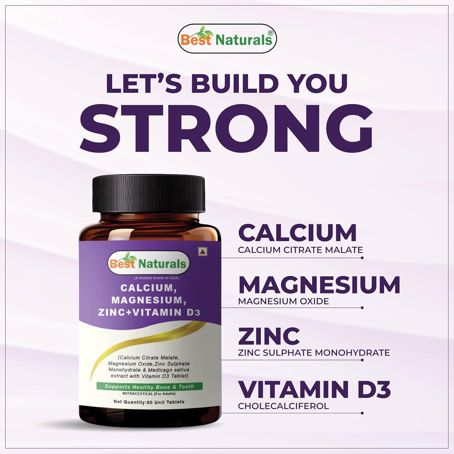 Best Naturals Calcium Magnesium Zinc with Vitamin D3 â€“ 60 Tablets â€“ 2-Month Supply Trusted Brand from USA