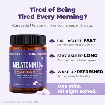 Cureveda Melatonin 10mg Sleep Support Sublingual Mints 60 Mints | Fast Dissolve Oral Sleep Aid with Chamomile | Deep Sleep Supplement for Adults | Non Habit Forming Natural Sleep Aid, Vegan Sugar Free Night Support