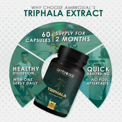 Ambrosial Triphala| Tablets Blend of 3 Natural herbs in Triphala Powder Premium Herbal Digestive Enzymes Relief from Constipation Digestion Support Colon Cleanser & Gas Relief (Pack of 1-60 Capsules)