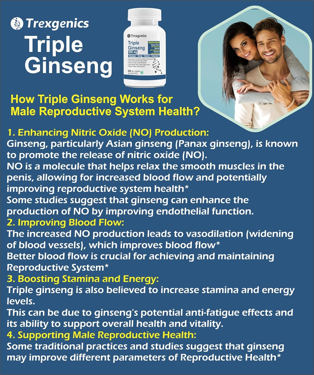 Trexgenics TRIPLE GINSENG 500 mg Optimized American, Siberian, Panax Ginseng Immunity, Energy, Performance (60 Veg. Capsules) (Pack of 1)