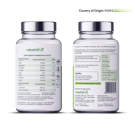 HEALTH VEDA ORGANICS PRIVATE LIMITED L-Arginine 1000 mg with Chromium Picolinate | 60 Veg Capsules | Good for Muscle Growth, Stamina, Recovery, Immune Booster & Energy | For Both Men & Women