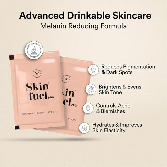 Wellbeing Nutrition Skin Fuel Pro+ | Glutathione, Vit C & E, CoQ10, Vollagen & PhytoCellTech | Reduced Pigmentation & Dark Spots, Brightens Skin Tone, Anti-aging | Valencia Orange Flavour, 28 Servings