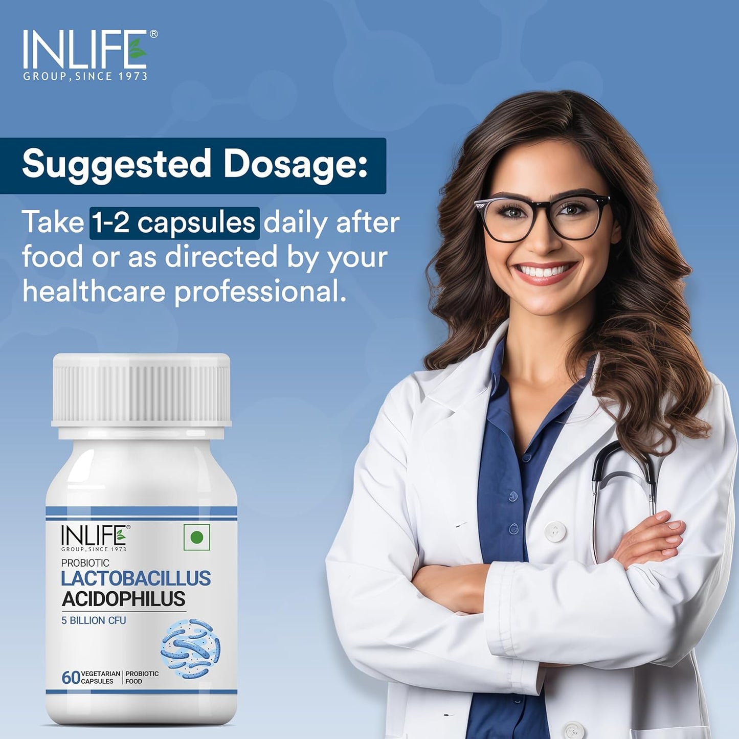 INLIFE Probiotic Lactobacillus Acidophilus 5 billion CFU | Gut Health Supplement for Men Women | Digestive Health, Supports Immunity |With Probiotic Balance â€“ 60 Veg Capsules (Pack of 1, 60)