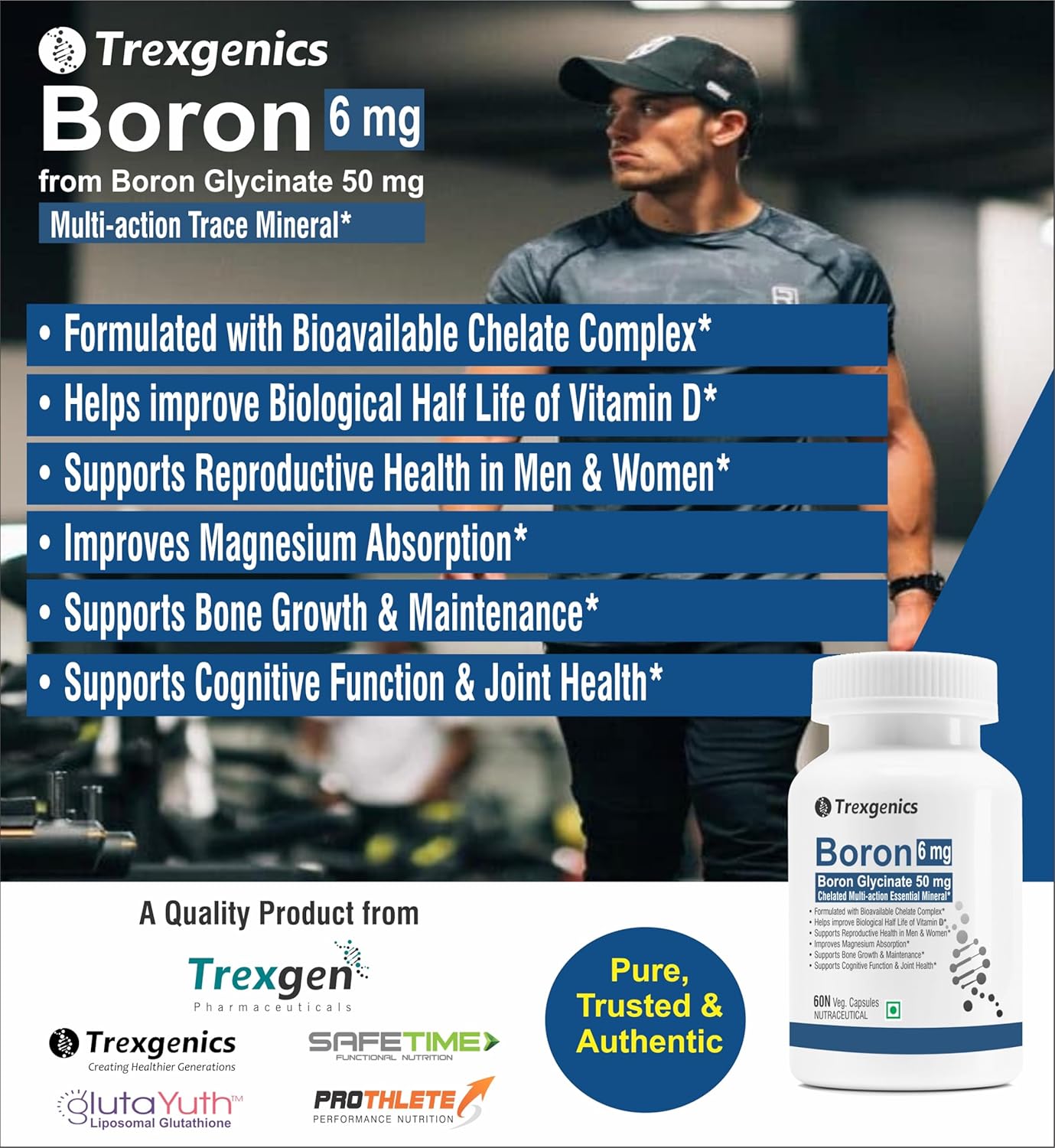 Trexgenics Boron 6 mg from Boron Glycinate 50 mg Multi-action Mineral, Bone, Cognitive Function & Joint Health (60 Veg Capsules)