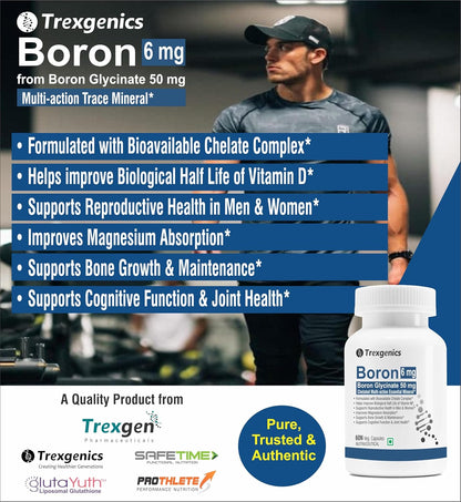 Trexgenics Boron 6 mg from Boron Glycinate 50 mg Multi-action Mineral, Bone, Cognitive Function & Joint Health (60 Veg Capsules)