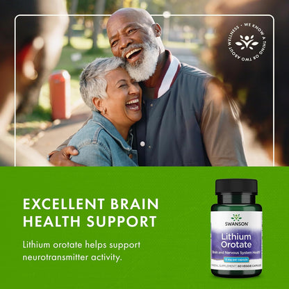 Swanson Lithium Orotate Mood and Memory Support Supplement for Stress-Prone Adults Seeking Emotional Wellness - 5 mg Elemental Lithium (60 Veggie Capsules)