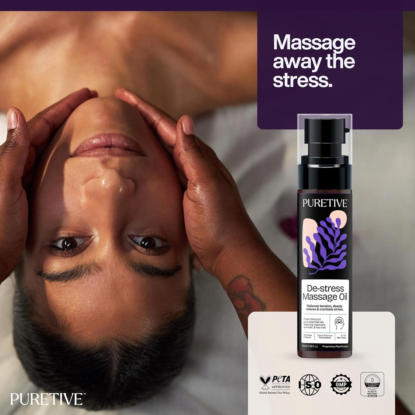 Puretive De Stress Massage Oil | Relieves Physical Tension | Deeply Relaxes | Hydrates | Stress Relief Massage Oil | Also for Couples I Deeply Nourishes & Calms the Body and Mind with a Blend of Pure Essential Oils | 100ML