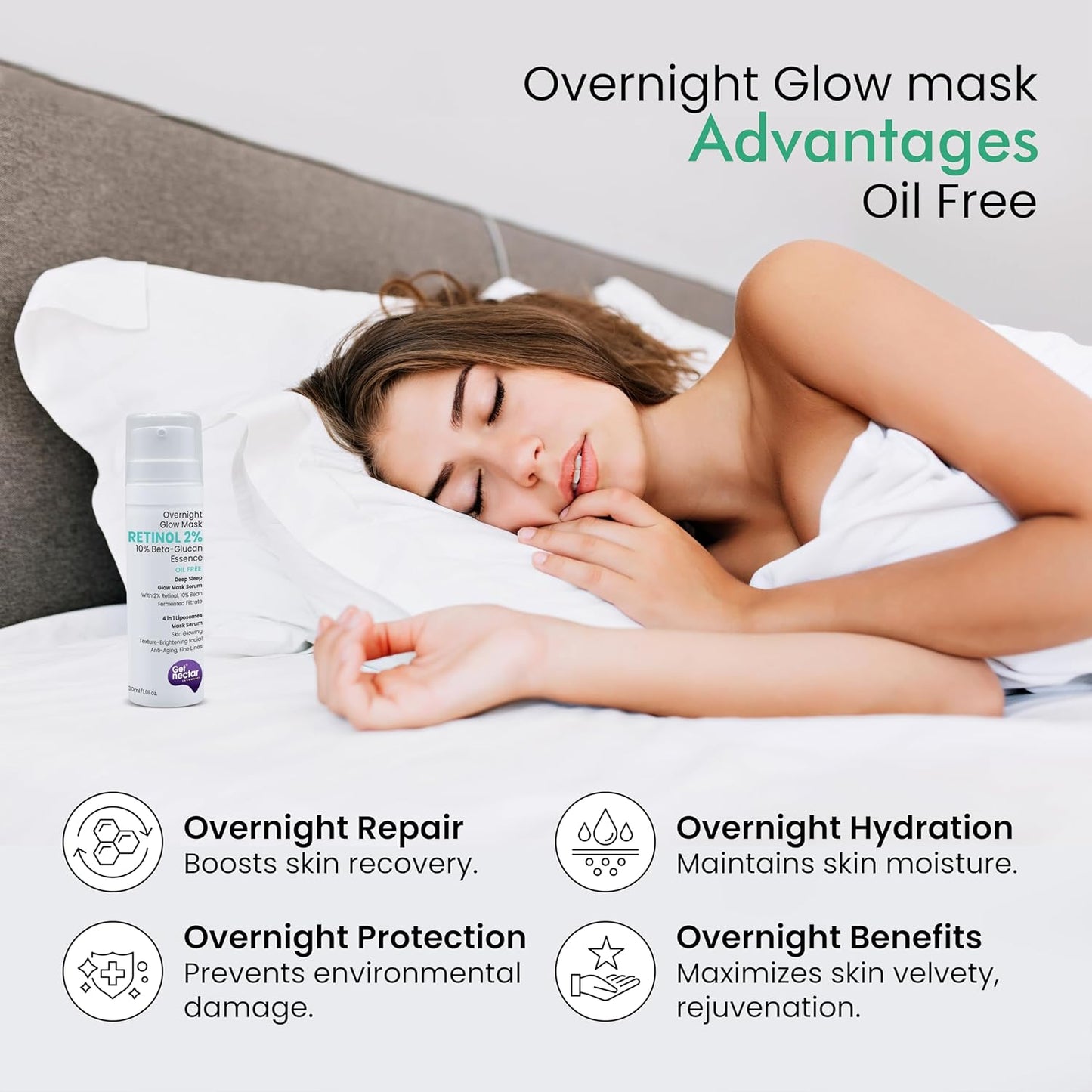 Get Nectar Happiness Overnight Glow Mask Night Serum 2% Retinol (Oil Free) with Beta-glucan & Bean Essence for Anti-Aging, Fine Lines, Wrinkles & Younger-Look (30ml)