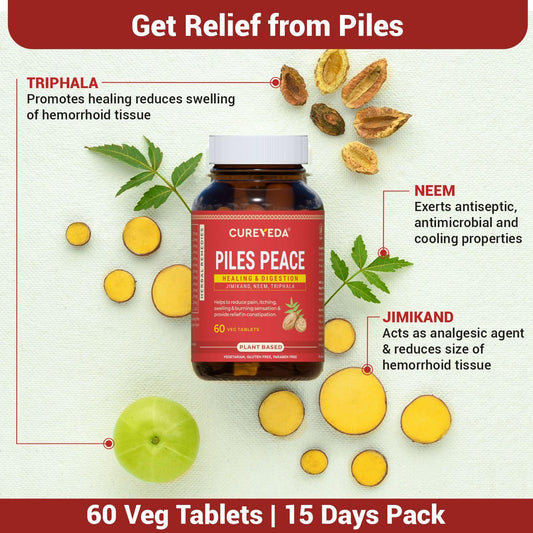 Cureveda Piles Peace Herbal Tablets | Improve Digestion and Relief from Constipation, Pain & Swelling | Helps to Reduce Itching, Inflammation & Swelling for Men, Women (60 Tablets)
