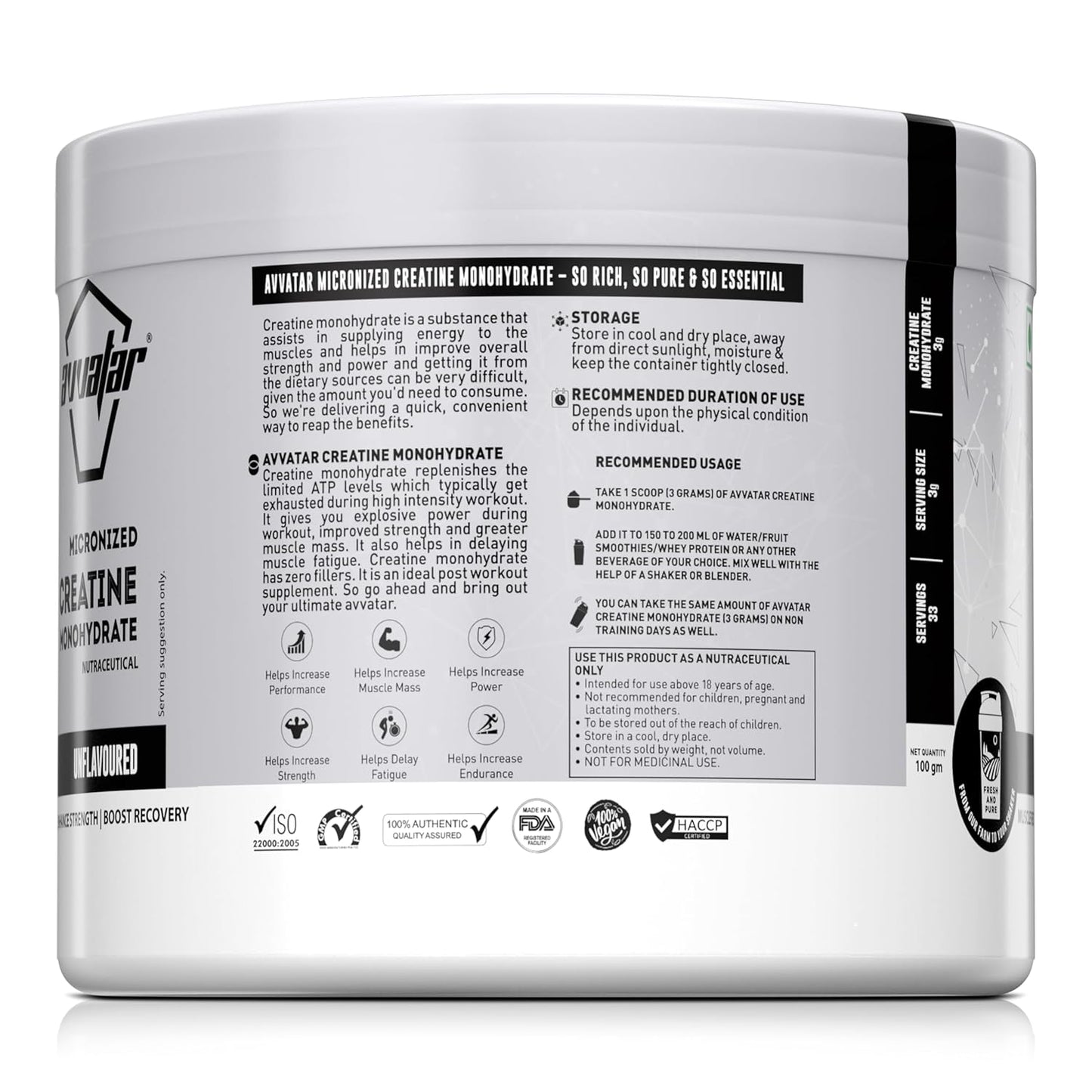 avvatar Micronized Creatine Monohydrate Powder (100 G,33 Servings)|Unflavoured|Muscle Recovery|Enhance Strength|Boost Recovery,1 Count