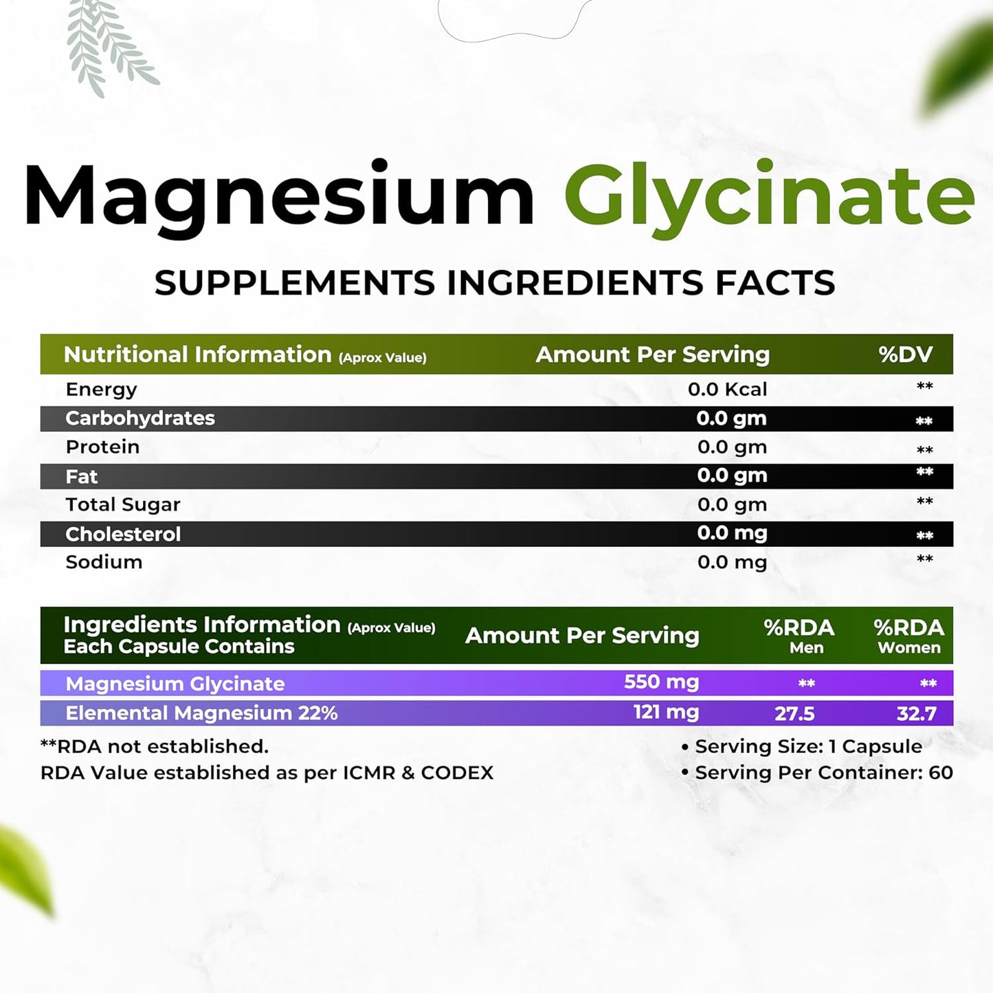 HEALTH VEDA ORGANICS PRIVATE LIMITED High Absorption Magnesium Glycinate, 550mg | 60 Veg Capsules | Supports Nerve & Muscle Health | Improves Sleep Quality | For Both Men & Women
