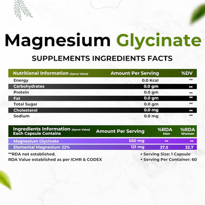 HEALTH VEDA ORGANICS PRIVATE LIMITED High Absorption Magnesium Glycinate, 550mg | 60 Veg Capsules | Supports Nerve & Muscle Health | Improves Sleep Quality | For Both Men & Women