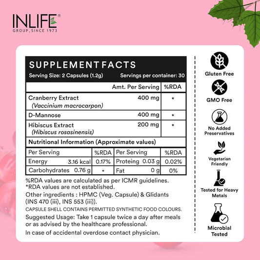 INLIFE Cranberry Capsules for Urinary Tract | D-Mannose Hibiscus Extract | Health Supplement for UTI | Men Women - 60 Vegetarian Capsules (Pack of 1, 60)