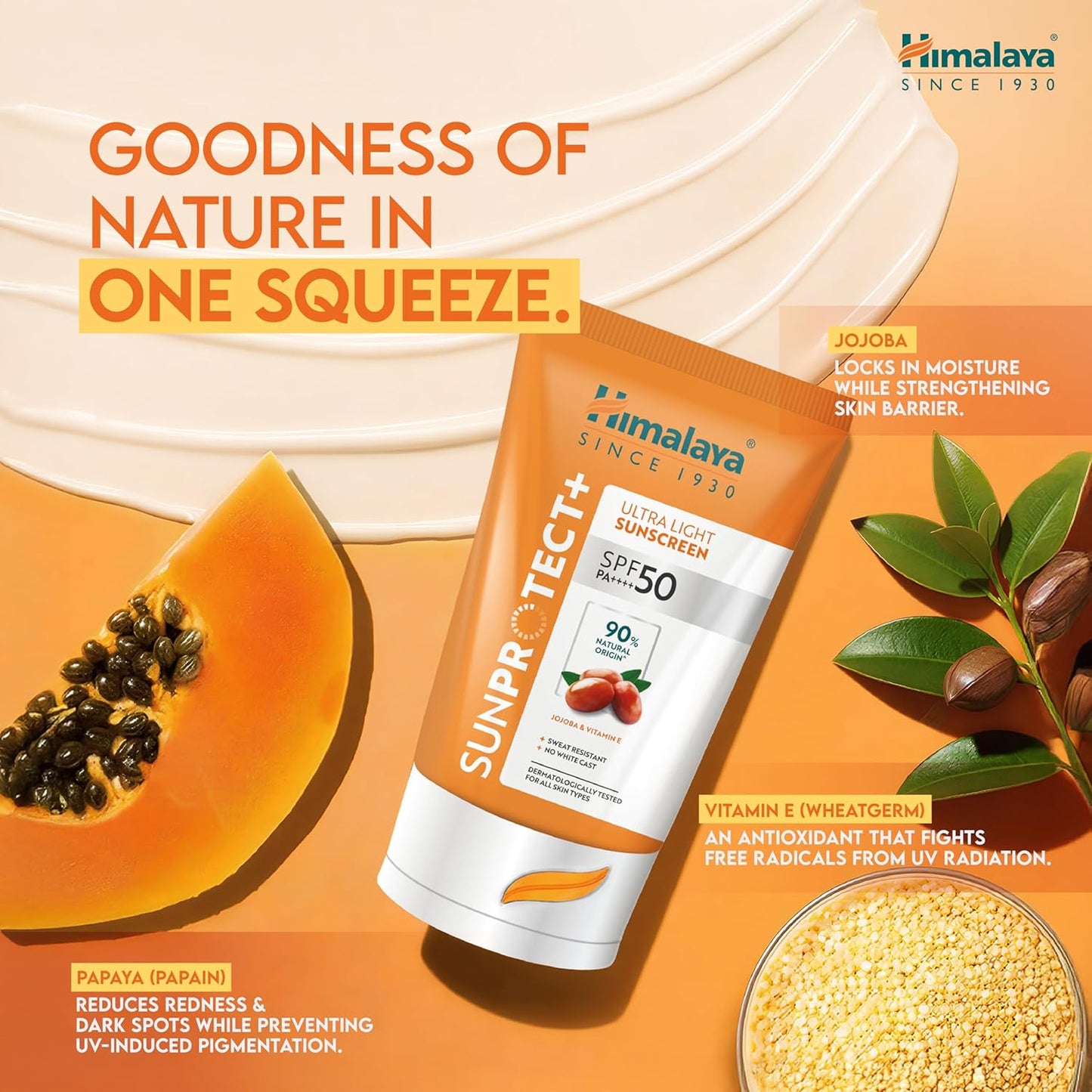 Himalaya Sun Protect+ Ultra Light Sunscreen | 90% Natural Origin Ingredients | In vivo tested SPF 50 PA++++ | Dermatologically tested for all skin types | No white cast | Sweat Resistant | 30g