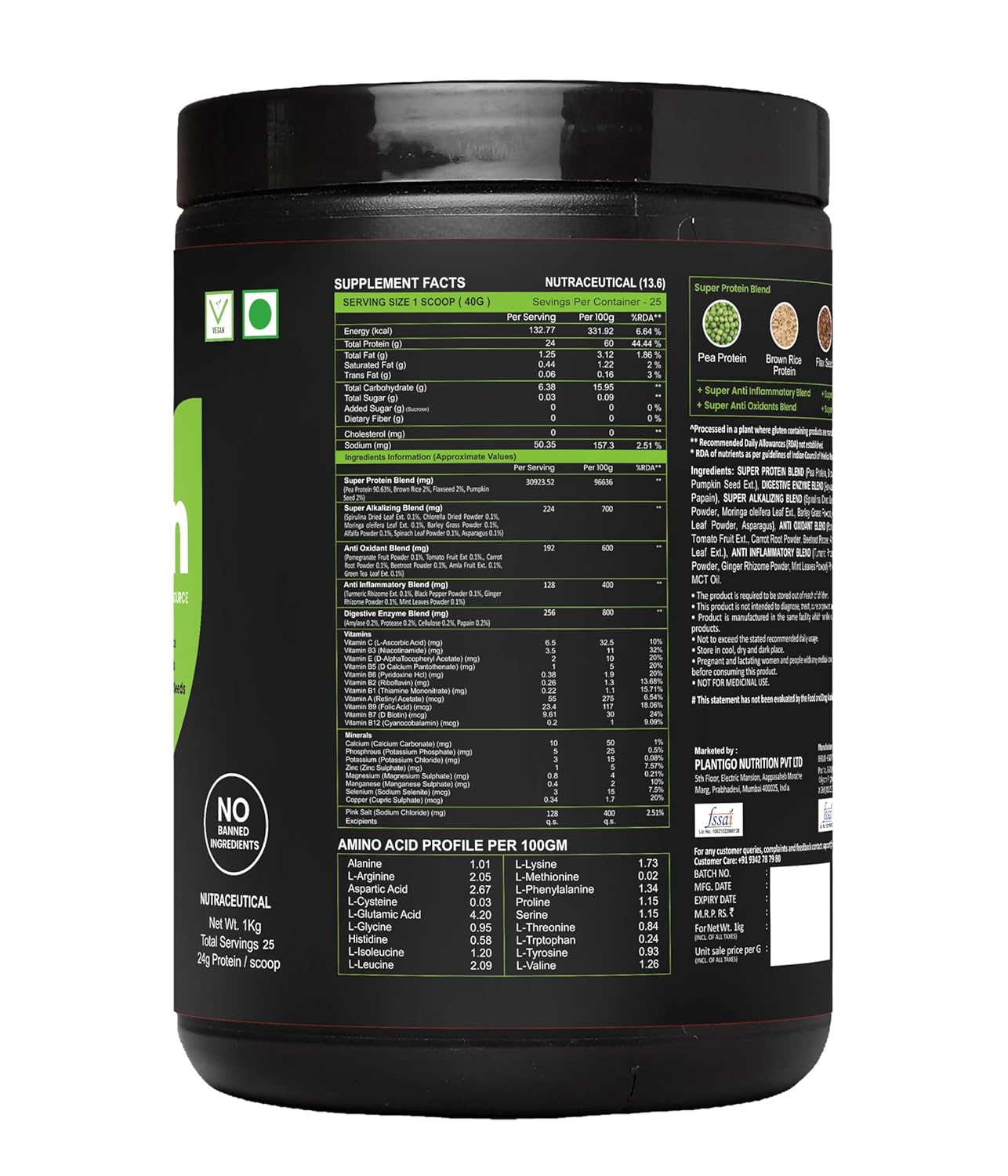 Plantigo Clean Plant Protein Powder | No Preservatives, No Banned Substances |Super Protein Blend- Pea, Brown Rice, Flax, Pumpkin 21SuperFoods Vegan Protein For Men, Women (Brazilian Chocolate - 1 Kg)