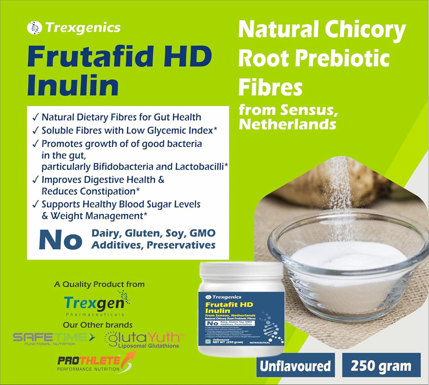 Trexgenics INULIN FRUTAFIT HD PURE POWDER From SENSUS, NETHERLANDS, Chicory root source prebiotic fibres for Gut Health (Frutafit HD Inulin (250 gram))