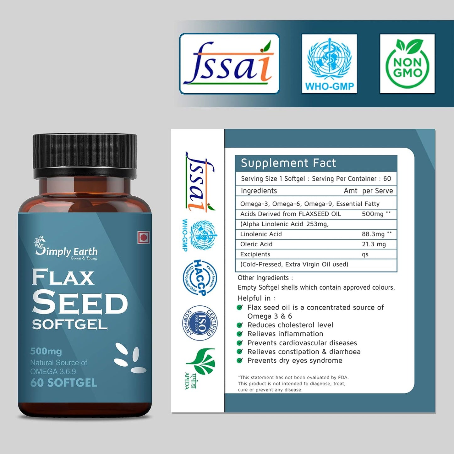 Simply earth Cold Pressed Flax seeds oil Omega with extra Virgin oil, Linolenic Acid, Oleric Acid | Natural Form of omega 369-60 Softgelsâ€¦