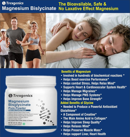 Trexgenics MAGNESIUM BISGLYCINATE PURE POWDER provides a highly bioavialble form of Magnesium, No Laxative effect, added benefits of the amino acid Glycine (Pack of 1)