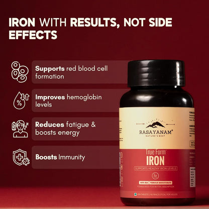 Rasayanam Iron Supplement for Women & Men | Ferrous Bisglycinate with 4X Absorption | Vitamin C & B-Complex | Easy Digestion, Boosts Hemoglobin & Energy