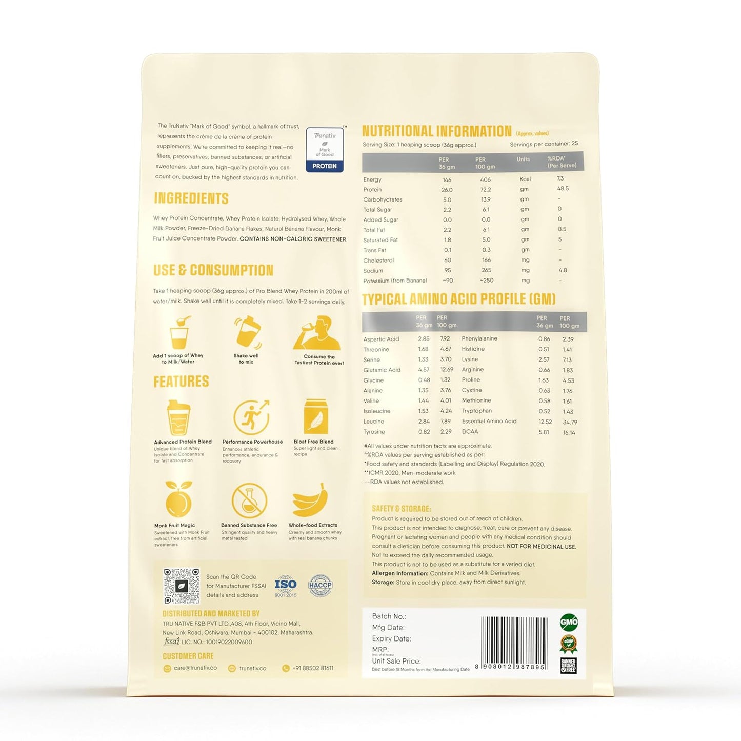 Trunativ Pro Blend Whey Protein Powder Isolate & Concentrate | 100% Light & Clean Protein Powder | 26g Protein | 6g BCAA | 12.52g EAA | No added sugar | Banana 2lbs (907g)