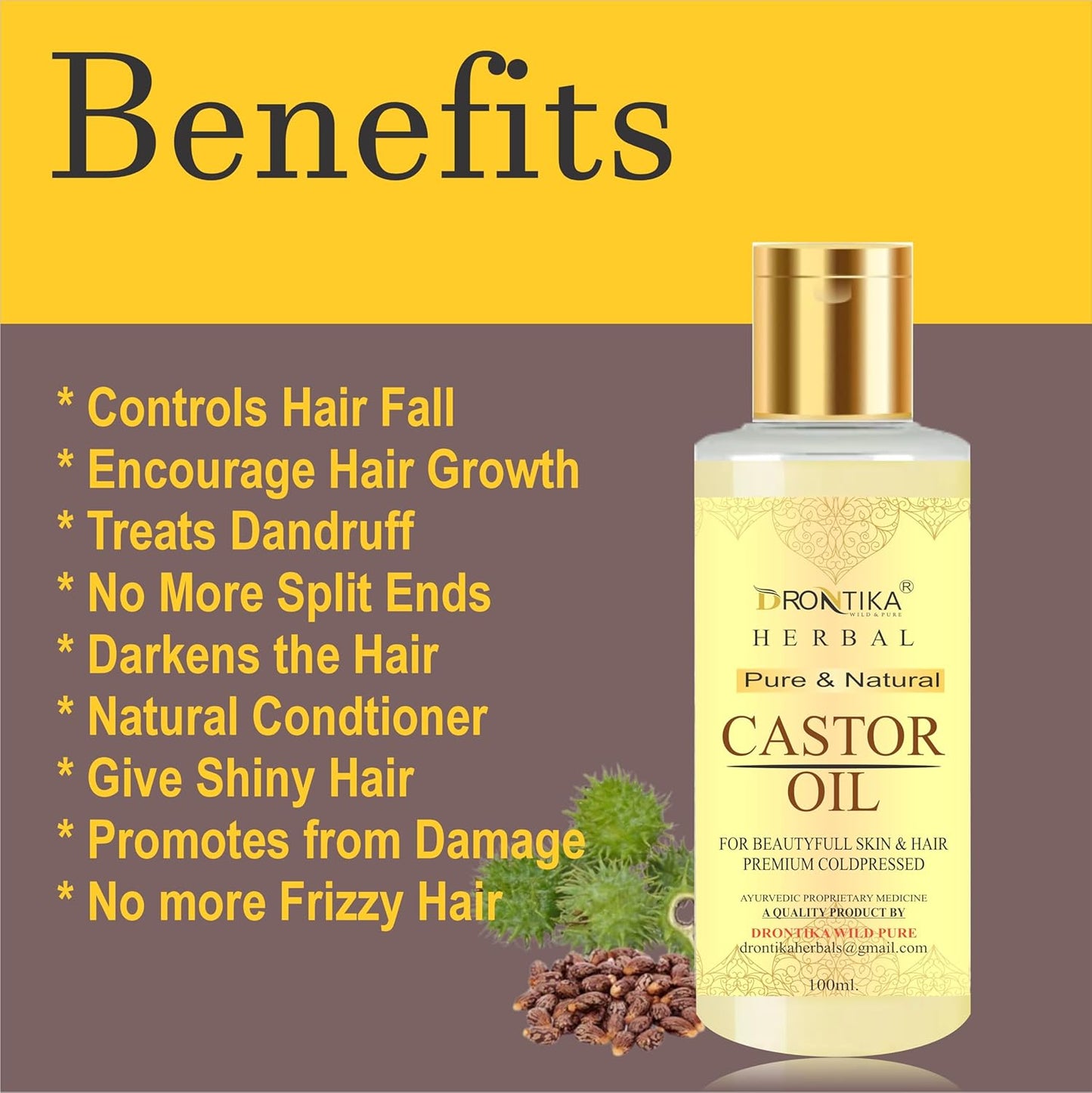 DRONTIKA Herbal 100% Pure Castor Oil - Cold Pressed - For Stronger Hair, Skin & Nails - No Mineral Oil & Silicones, 200 ml (Pack Of 2)