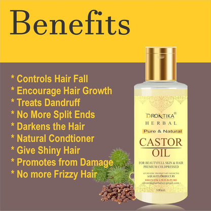 DRONTIKA Herbal 100% Pure Castor Oil - Cold Pressed - For Stronger Hair, Skin & Nails - No Mineral Oil & Silicones, 200 ml (Pack Of 2)