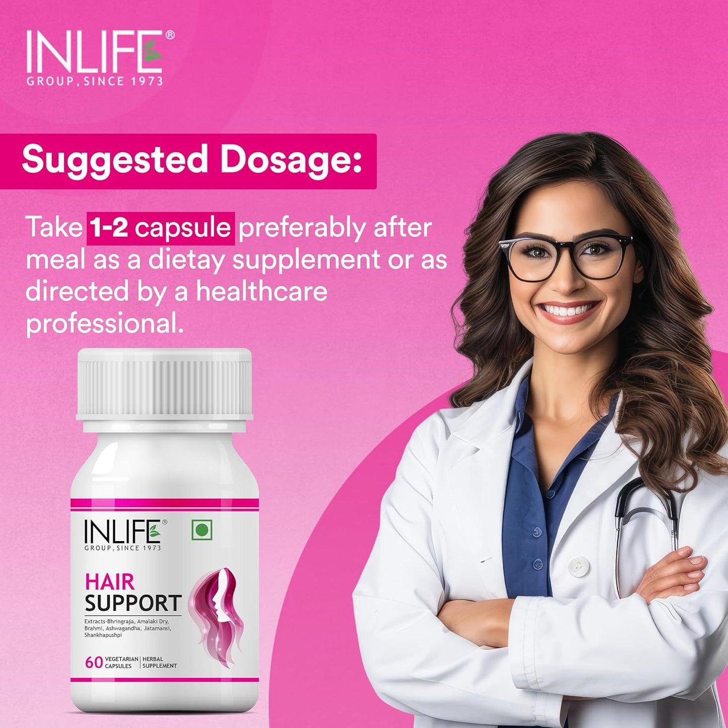 INLIFE Hair Support Supplement, Bhringraj, Brahmi, Ashwagandha and other Ayurvedic Herbs 500 mg - 60 Vegetarian Capsules (Pack of 1, 60)