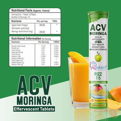 Apple Cider Vinegar (ACV) Moringa | Master Your Appetite & Boost Immunity | Natural Energy with Antioxidants | No Added Sugar | Tropical Mango Flavor | 15 Fizz Tablets (500mg) Pack of 1