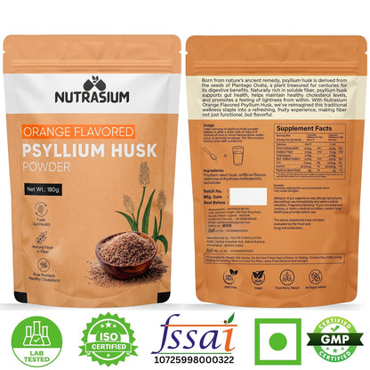 Nutrasium Psyllium Husk Powder | Isabgol Powder | Supports to Relieves Constipation | Rich Source Of Dietary Fiber Supplement For Digestion & Gut Health | 180 gram Orange Flavour