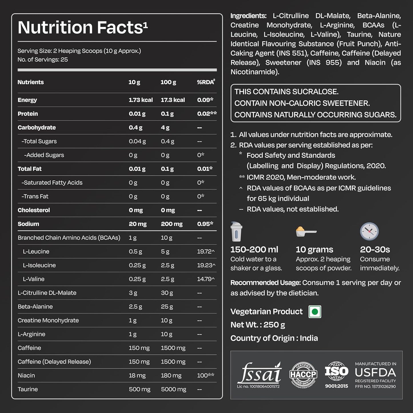 Nutrabay Gold Spark Pre Workout Supplement Powder 300mg Caffeine, 1000mg L-Arginine, 3000mg Beta Alanine, 2500mg Citrulline Malate per Serving â€“ Muscle Pump & Performance â€“ 250g, Fruit Punch