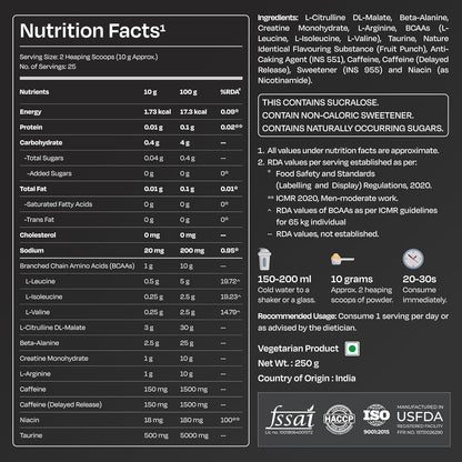 Nutrabay Gold Spark Pre Workout Supplement Powder 300mg Caffeine, 1000mg L-Arginine, 3000mg Beta Alanine, 2500mg Citrulline Malate per Serving â€“ Muscle Pump & Performance â€“ 250g, Fruit Punch