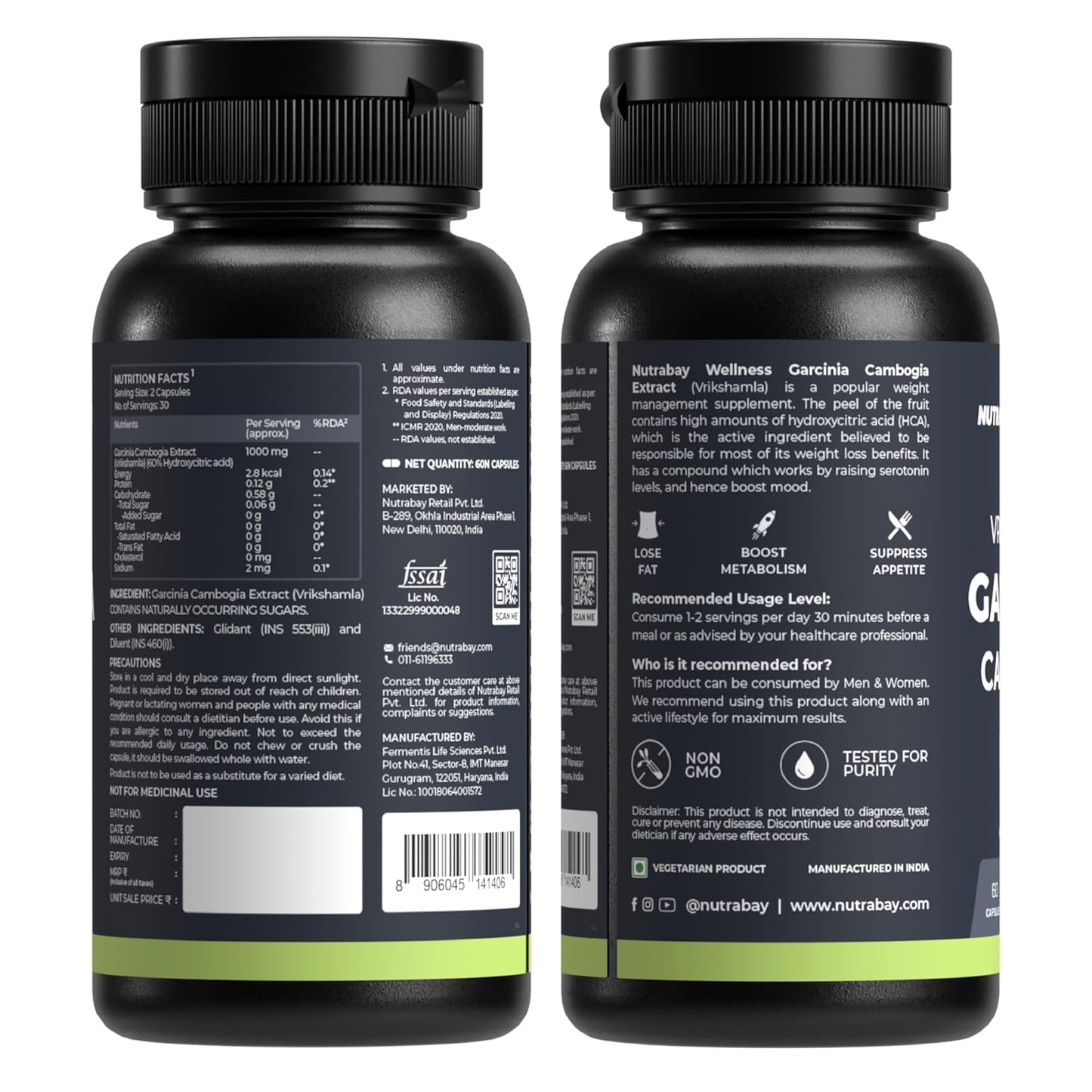 Nutrabay Wellness Garcinia Cambogia Extract for Weight Management, 100% Vegetarian & Natural Fat Burner for Men & Women - 1000mg, 60 Veg Capsules