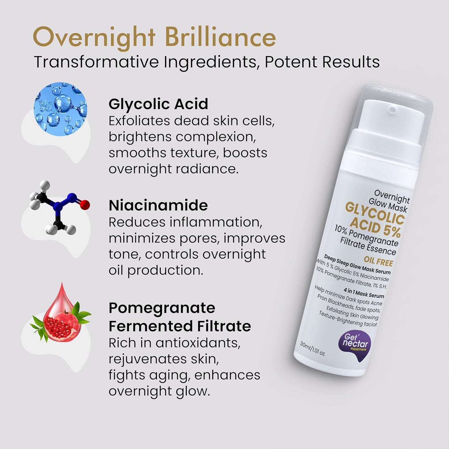 Get Nectar Happiness Overnight Glow Glycolic Acid Mask 5% w/w with 10% Pomegranate Essence for Anti-Acne and Blemishes | Help Minimize Dark Spots, Blackheads, Exfoliating, Skin Glowing Texture (30ml)