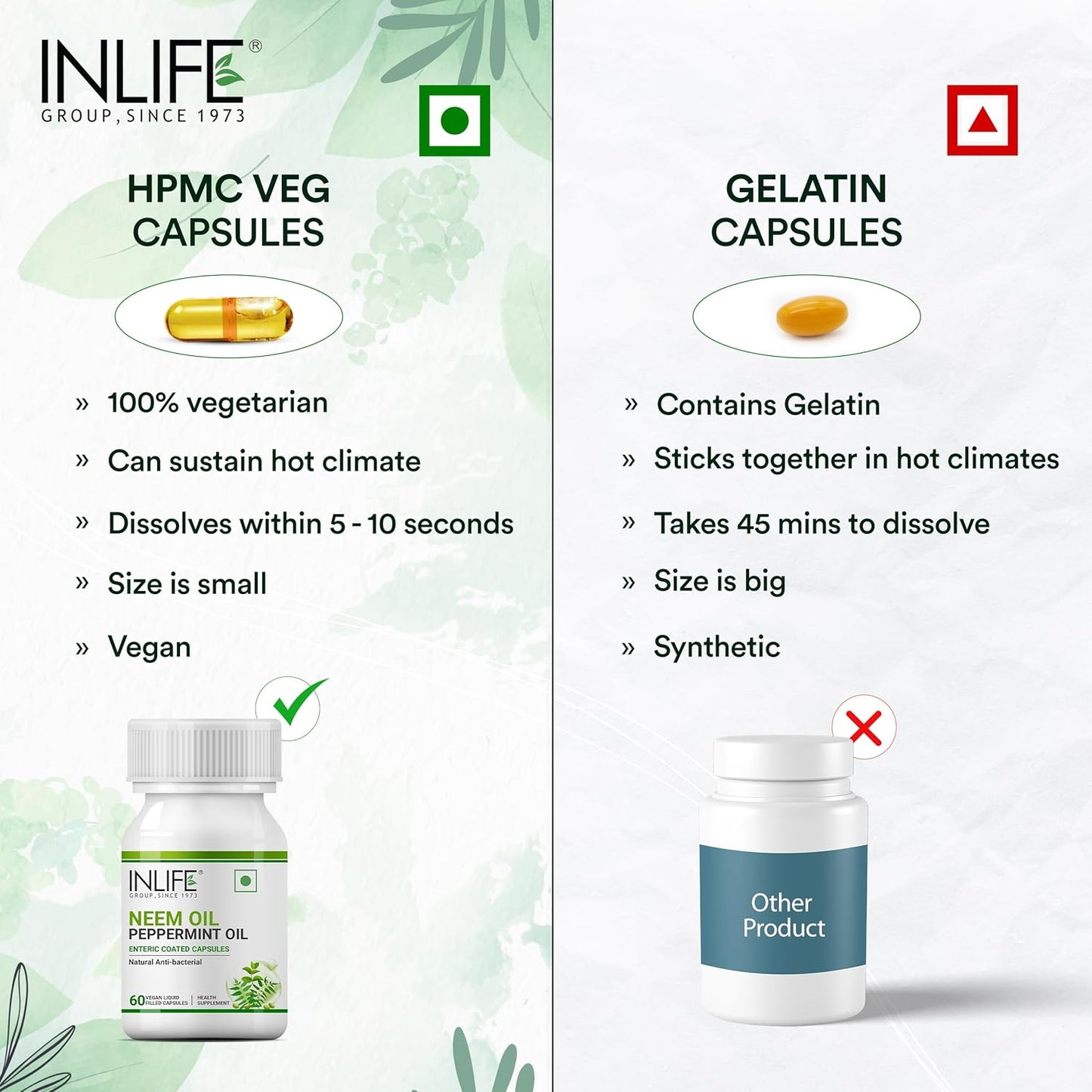 INLIFE Neem Oil 350mg with Peppermint Oil 150mg | Digestive Health & Skin, Hair Care Supplement | Enteric Coated Capsules â€“ 60 Liquid Filled Vegetarian Capsules (Pack of 1, 60)