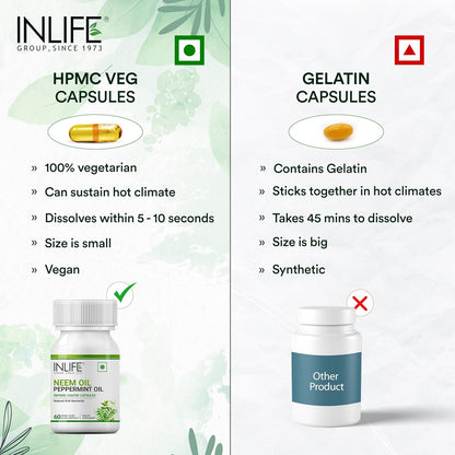 INLIFE Neem Oil 350mg with Peppermint Oil 150mg | Digestive Health & Skin, Hair Care Supplement | Enteric Coated Capsules â€“ 60 Liquid Filled Vegetarian Capsules (Pack of 1, 60)