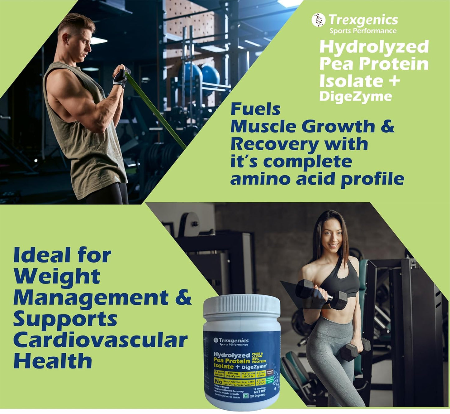 Trexgenics HYDROLYZED PEA PROTEIN ISOLATE UNFLAVOURED, Pure & Clean 25gm PROTEIN, 4.5 gm BCAA, 9 gm EAA with DigeZyme Digestive enzyme Complex, Muscle Growth 10 Servings (300 gram)