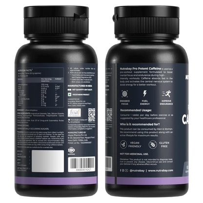 Nutrabay Pro Potent Caffeine Tablets 200mg | Natural Stimulant for Energy, Endurance & Focus, 60 Veg Tablets