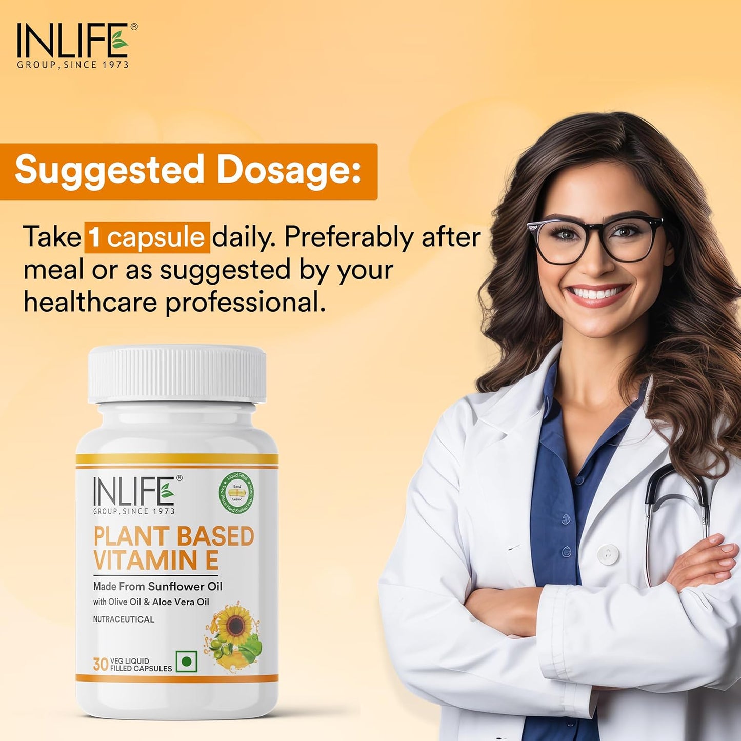 INLIFE Plant Based Natural Vitamin E Oil Capsules for Face and Hair|Sunflower, Olive & Aloe Vera Oils |Skin Health and immunity support Supplement for Women & Menâ€“30 Vegetarian Capsules (Pack of 1)