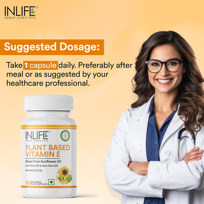 INLIFE Plant Based Natural Vitamin E Oil Capsules for Face and Hair|Sunflower, Olive & Aloe Vera Oils |Skin Health and immunity support Supplement for Women & Menâ€“30 Vegetarian Capsules (Pack of 1)