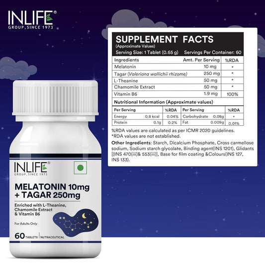 INLIFE Melatonin 10mg with Tagar 250mg | 60 Tablets | Enhanced with Vitamin B6 & Chamomile Extract | May Support Restful Sleep, Relaxation | Non-Habit Forming | Supports Eye Health (Pack of 1)