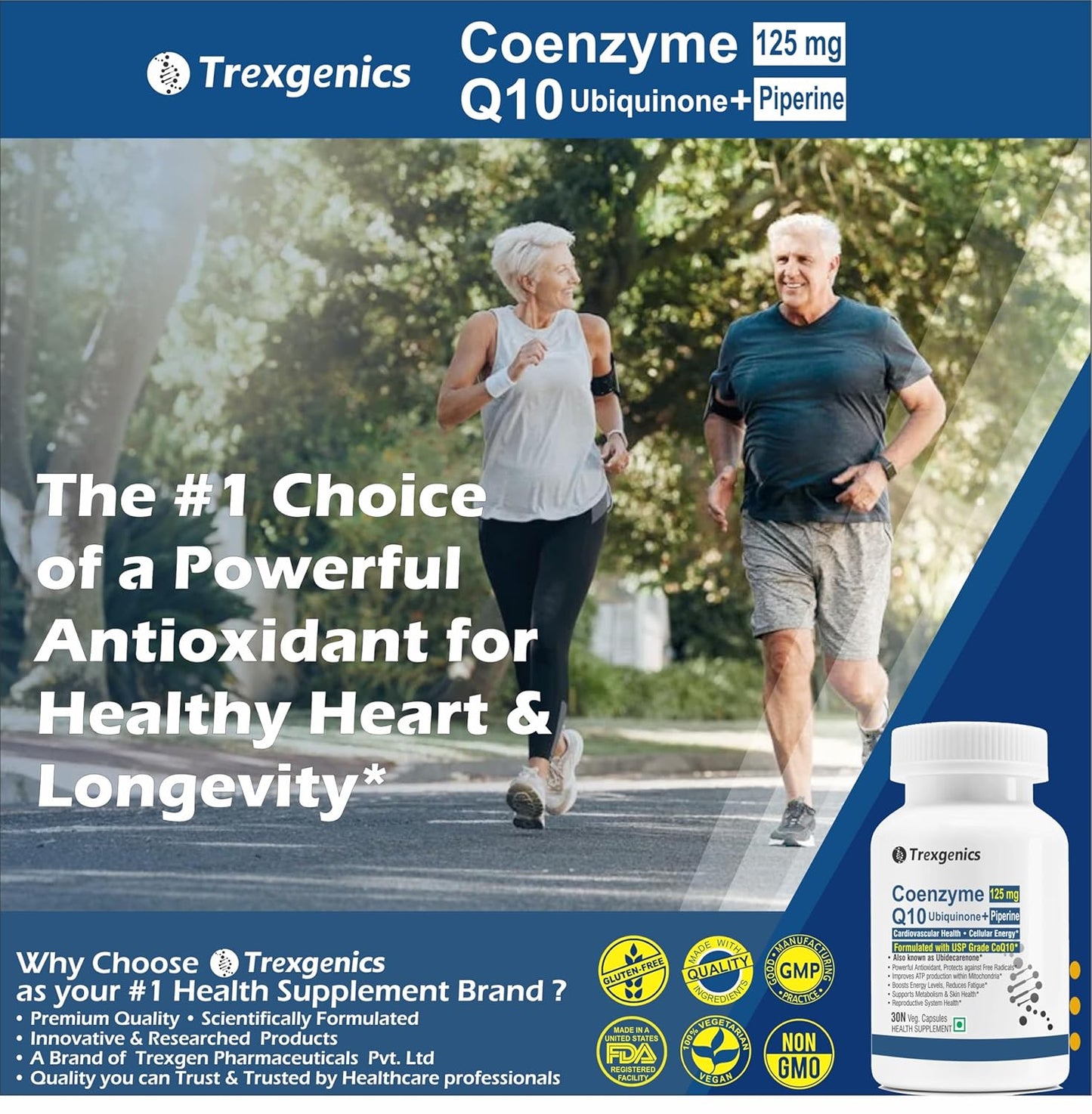 Trexgenics COENZYME Q10 125 mg USP grade Ubiquinone (Ubidecarenone) with Piperine 5 mg Antioxidant, Cellular Energy, Heart Health (30 Veg Capsules))