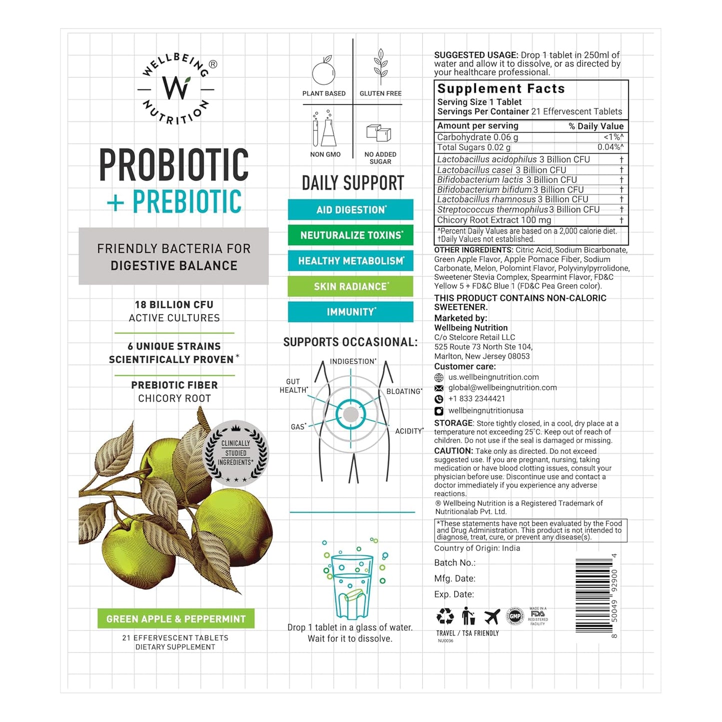 Wellbeing Nutrition Daily Probiotics + Prebiotics | Improve Metabolism, Acidity Relief, Digestion & Gut Health | 18 Billion CFU Organic Probiotics Supplement for Men & Women (21 Effervescent Tabs)